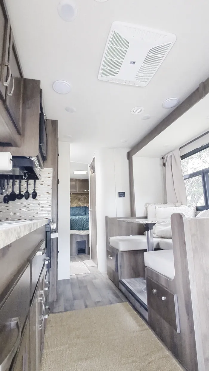 Looking down the RV from the cab to the bedroom at the back