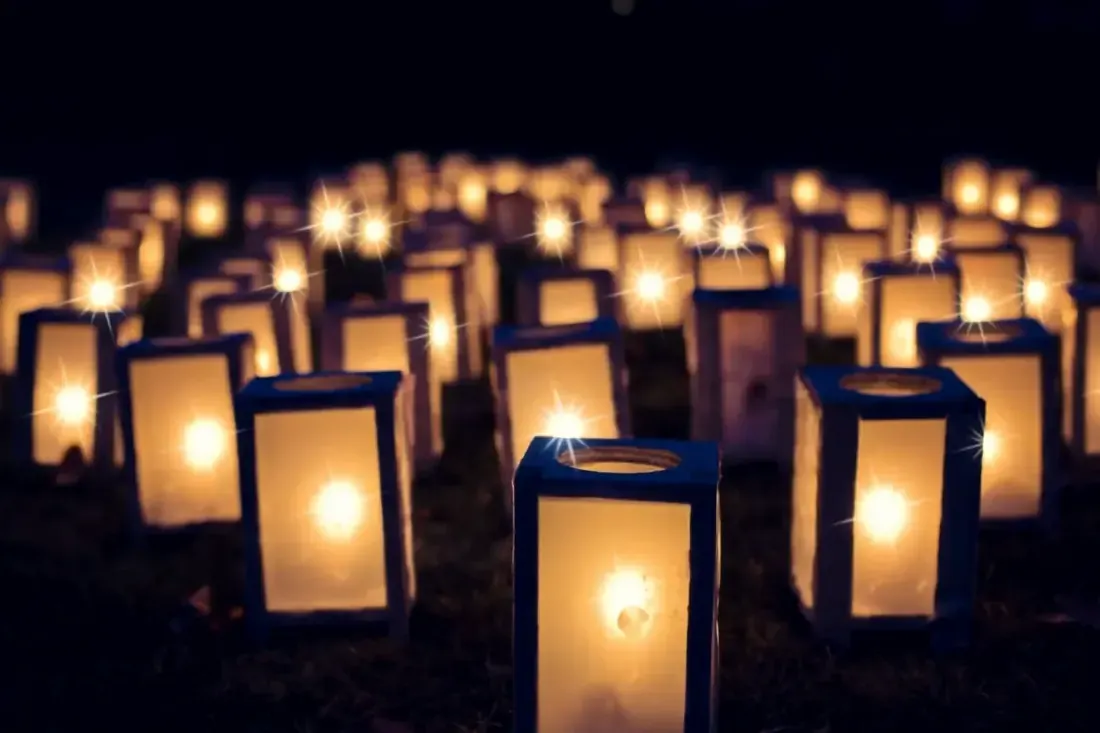 Rows of paper lanterns glowing on grass at night